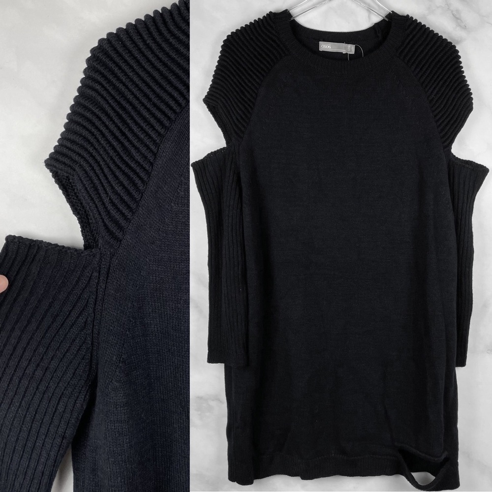 ✨NWT ASOS Ribbed Cold-Shoulder Cutout Distressed Knit Sweater Dress Black Moto 6